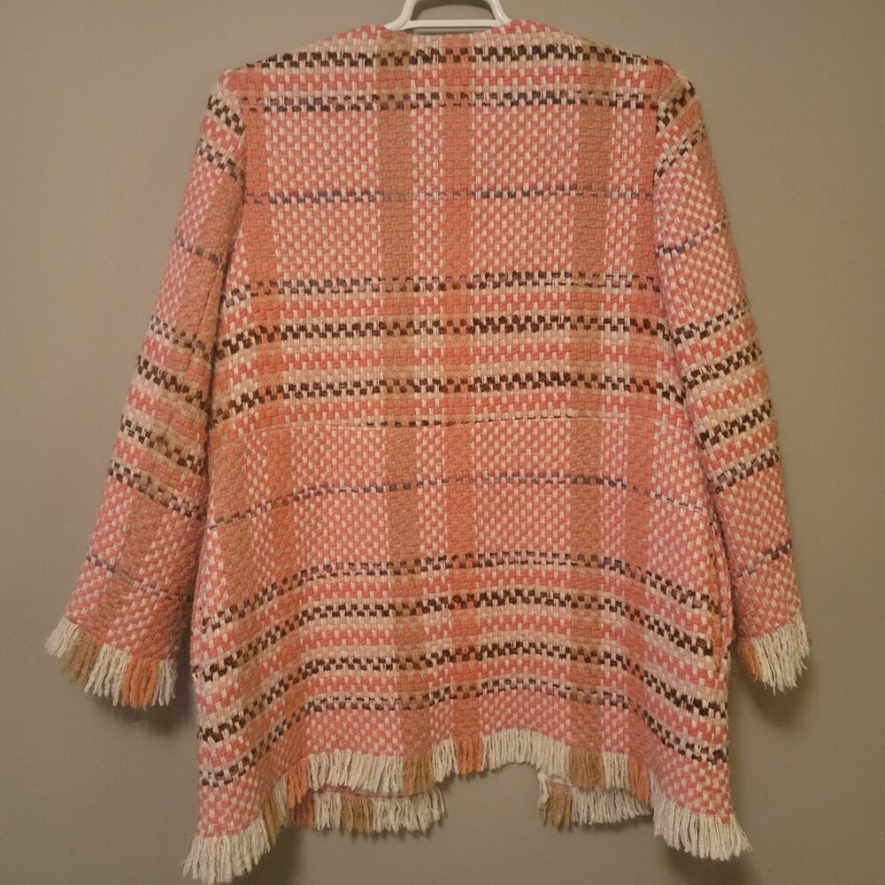 Vilagallo Plaid Multicolored Textured Woven Fringe Trim Open Jacket Cardigan - Picture 2 of 8